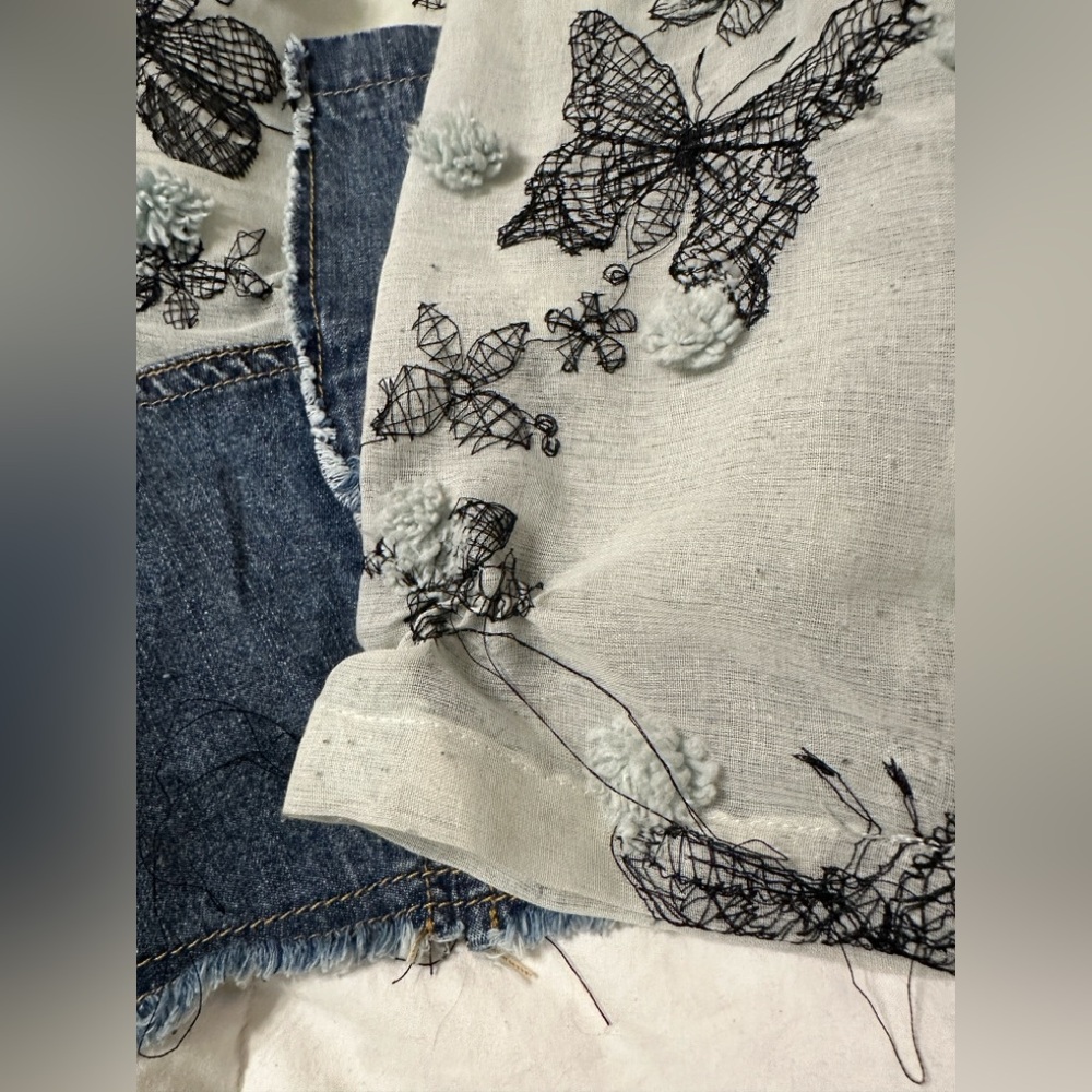 Adore Blue Embroidered Mixed Media Jean Jacket - NWT - Size M oversized - Picture 12 of 14